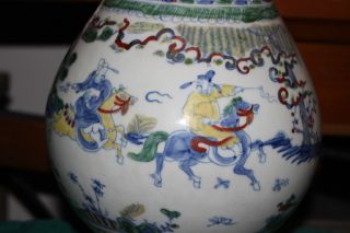 Chinese Vase Candlestick Holder Painted Scenes Men Horse Fighting Signed - 2 3