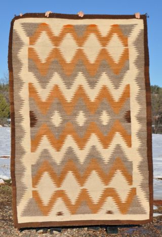 Lg Old Navajo Indian Rug Diamond Zig Zag Tan Grey Cream Brown Border - 5.  5 ' x 4 ' 3