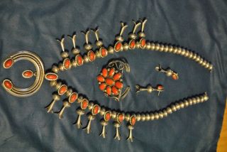 Traditional Navajo Coral Squash Blossom Necklace,  Earnings,  And Bracelet (1971)