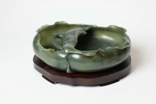 Chinese Carved Green Jade Brush Washer On Wood Stand,  China