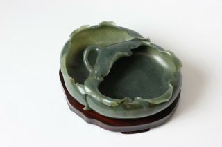 Chinese carved green jade brush washer on wood stand,  China 2