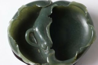 Chinese carved green jade brush washer on wood stand,  China 3