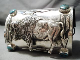 Crazy Intricate Navajo Turquoise Sterling Silver Buffalo Ketoh Bracelet