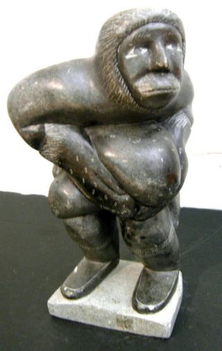 Large Alaskan Inuit Stone Carving Eskimo With Seal Sculpture Signed On Bottom