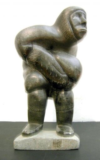 Large Alaskan Inuit Stone Carving Eskimo with Seal Sculpture Signed on Bottom 2