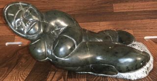 9” Inuit Eskimo Serpentine Soapstone Carving Sculpture Signed Lucassie Tukai