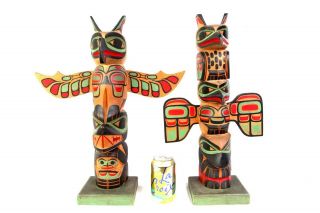 2 Totem Poles Wood Carvings Signed By F.  Jacobsen Nr