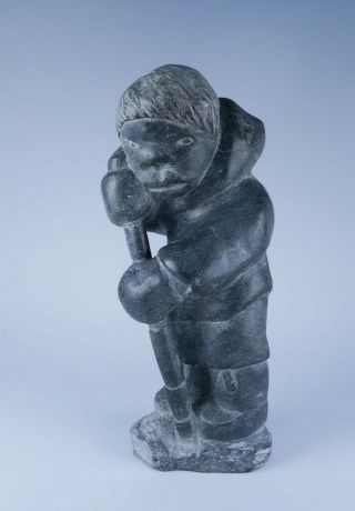 Estate Found Canada Eskimo Art Carved Stone Inuit Hunter Figure W Orig Label