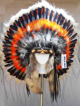 Native American Navajo Indian Headdress 36 " Thunderbird Orange Black