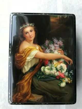 1998 Russian Fedoskino Lacquer Box Finely Painted Lady & Bouquet By Danshina