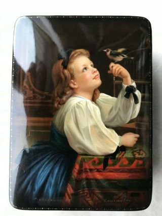 1999 Russian Fedoskino Lacquer Box With Finely Painted Girl With Bird