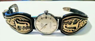 Edward H Bohlin Hollywood Ca.  5 Piece Gold Watch Band Black Leather W/ Hand Pump