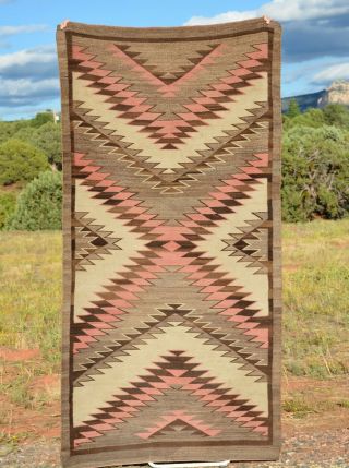 Large Early Old Navajo Indian Rug - Serrated Design - 87 " Long X 46 "
