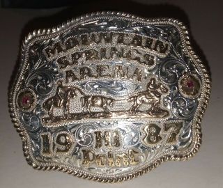 1987 Sterling Silver Ruby Trophy Team Roping Rodeo Belt Buckle Mnt Springs Arena