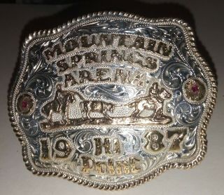 1987 Sterling Silver Ruby Trophy Team Roping Rodeo Belt Buckle Mnt Springs Arena 2