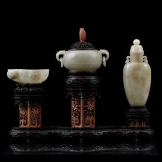 A Set Of Three Exceptional Chinese Carved Jade Item On Wooden Stand.