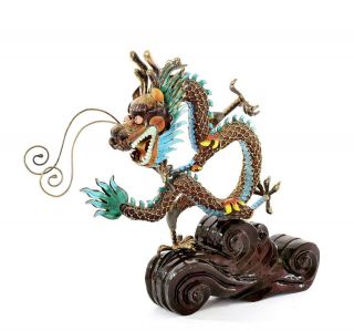 Chinese Gilt Sterling Silver Filigree Enamel Dragon Wood Carved Stand -