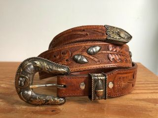 Edward H Bohlin Sterling Silver & 18k Acorn Motif Buckle Set W/ Leather Belt