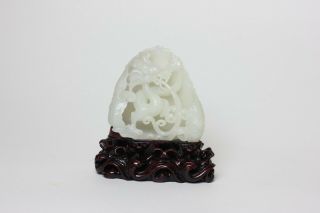 Chinese Carved White Jade Dragon On Wood Stand,  China