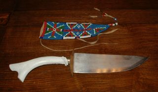 Native American Indian Beaded Knife SHEATH w/ Deer Horn Handle NR 3