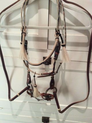 Hitched Horse Hair Bridle With Silver Plated Snaffle Bit And Leather Reins