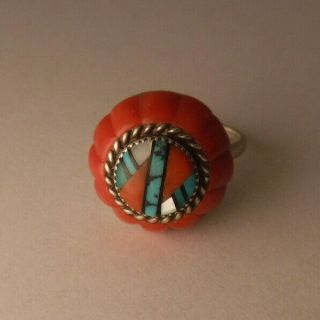 Zuni Lee & Mary Weebothee Signd Ring Cluster Mosaic Inlay Coral Turquoise Sz 8