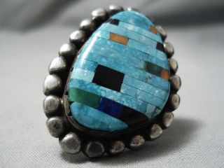 Stunning Vintage Navajo Turquoise Inlay Sterling Silver Ring Huge