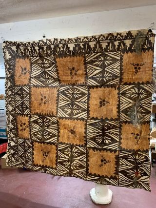 Large Polynesian Bark Cloth Tonga Pacific Island Tapa Painting 88x79 Ngatu Art