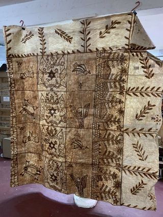 Large Polynesian Bark Cloth Tonga Pacific Island Tapa Painting 86x77 Ngatu Art