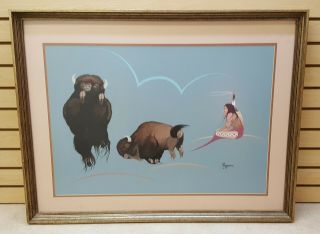 1973 Framed 37 " X 28 " Native American Indian Painting By Mars Biggoose