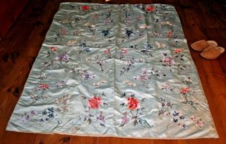 Chinese Silk Embroidered Tapestry Bed Cover Textile Robe Panel Floral Flowers