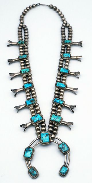 Native American Squash Blossom Necklace Sterling Silver Square Turquoise Navajo