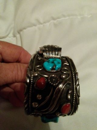 Old Pawn Navajo Native American Unsigned Watch Turquoise.  Coral Sterling Silver