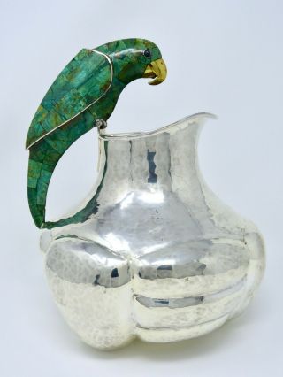 Emilia Castillo Silver Plated & Malachite Water Pitcher With Parrot Taxco,  Mx.