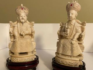 Carved Figurines Of Chinese Emperor & Empress On Carved Wooden Bases
