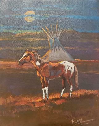 Native American George Flett Signed Oil Painting Horse Spokane Tribe