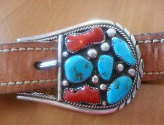 Sterling Silver Texas Ranger Buckle 3 Pc Set Signed T Moore Turquoise N Coral