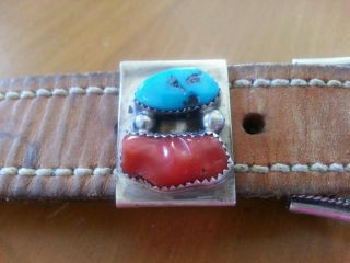 Sterling Silver Texas Ranger Buckle 3 pc Set Signed T Moore Turquoise n Coral 3