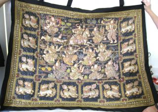 Burmese Kalaga Tapestry Hand Embroidered Wall Hanging Burma Ganesh Hindu Kirtan