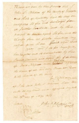 1817 Kentucky Deed Of Emancipation,  Manumission Of Slave Man Gabriel