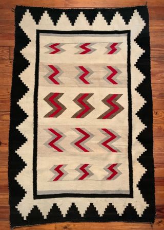 Navajo Handspun Wool Rug With Lightning Designs & Geometric Border,  Exclt