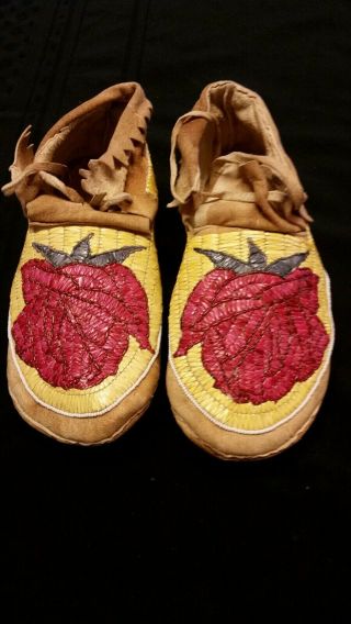 Native American Fully Quilled Moccasins With Rose Motifs
