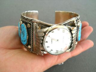 Southwestern Native American Indian Turquoise Sterling Silver Watch Bracelet