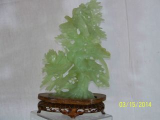 Chinese Hand Carved Jade Bird Floral Sculpture Statue W/custom Carved Wood Base