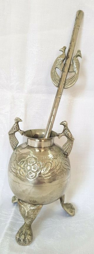 Old Mapuche Mate Bombilla Cup To Prepare Herb Infusion Birds Handles Owls Footed