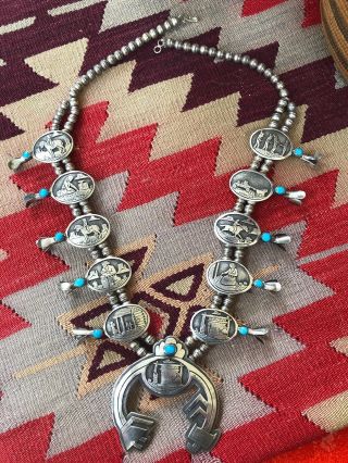 Storyteller Sothwestern Indian Squash Blossom Necklace Sterling Silver Turquoise