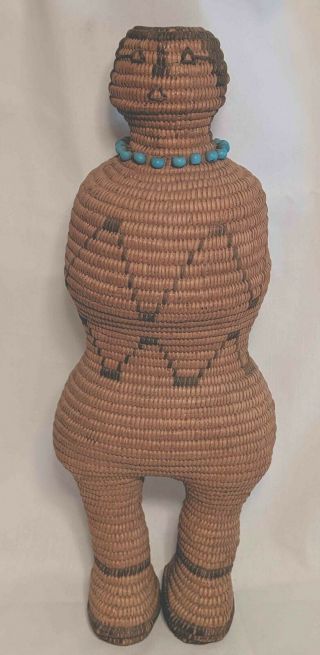 Very Lrg Rare Antique Pima Indian Basketry Doll With Padre Bead Necklace