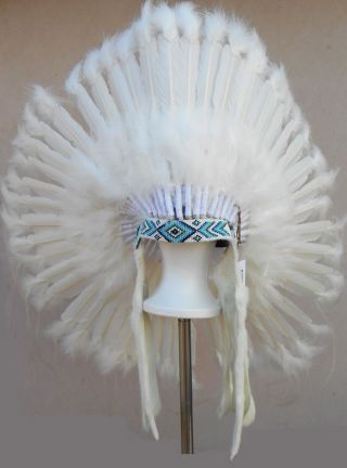 Native American Navajo Indian Headdress 36 Inch " Ceremonial White "