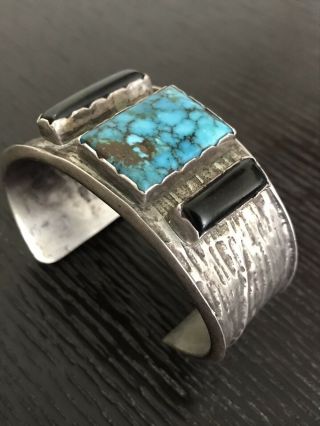 Vintage Silver American Indian Turquoise Onyx Bracelet Cuff Signed 133 Gr