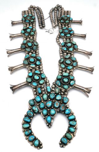 Vintage Navajo Turquoise Squash Blossom Necklace Sterling Silver Huge 1 Lb 6 Oz